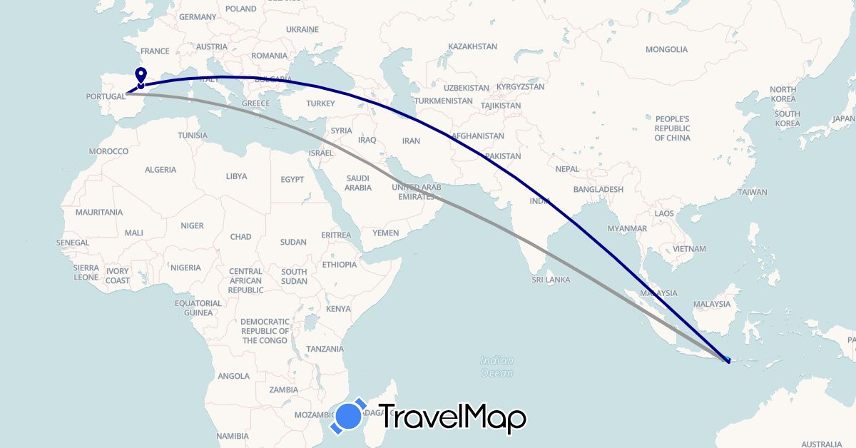 TravelMap itinerary: driving, bus, plane, cycling, hiking, boat, to_terreno in Spain, Indonesia, Qatar (Asia, Europe)