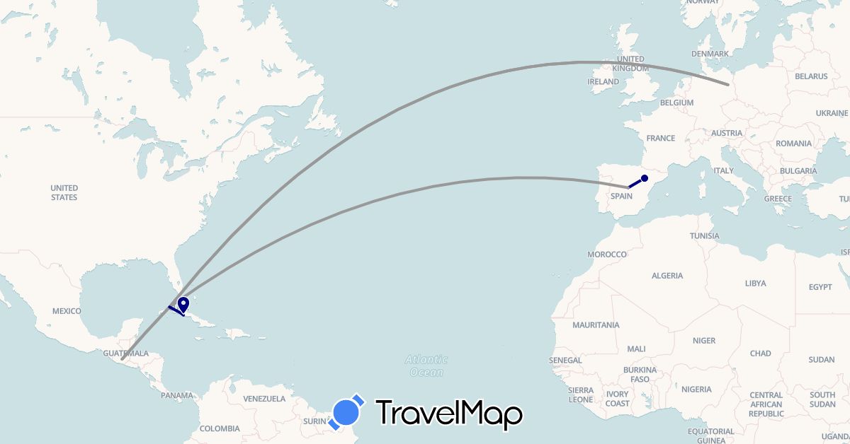 TravelMap itinerary: driving, bus, plane in Cuba, Germany, Spain, Guatemala (Europe, North America)
